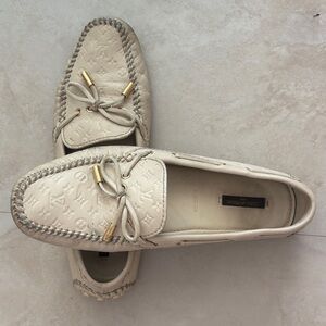 Louis Vuitton Ivory Monogram Driving Loafers with Gold Accents